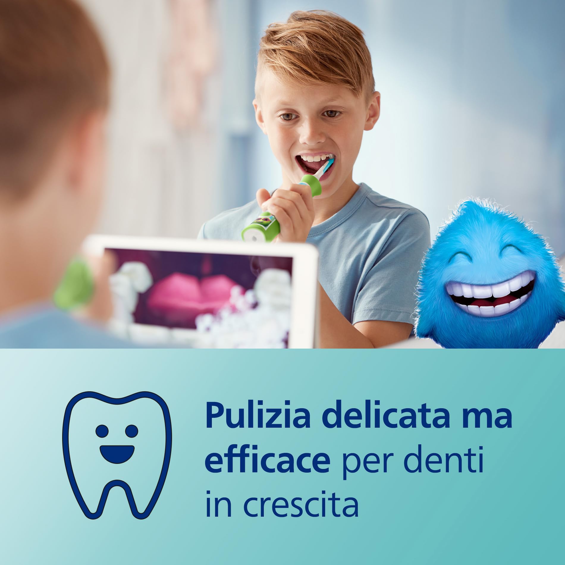 Philips Sonicare For Kids - Spazzolino elettrico sonico con app, studiato per bambini dai 3 anni in su, con SmarTimer e QuadPacer per una pulizia profonda, verde, modello HX6352/11