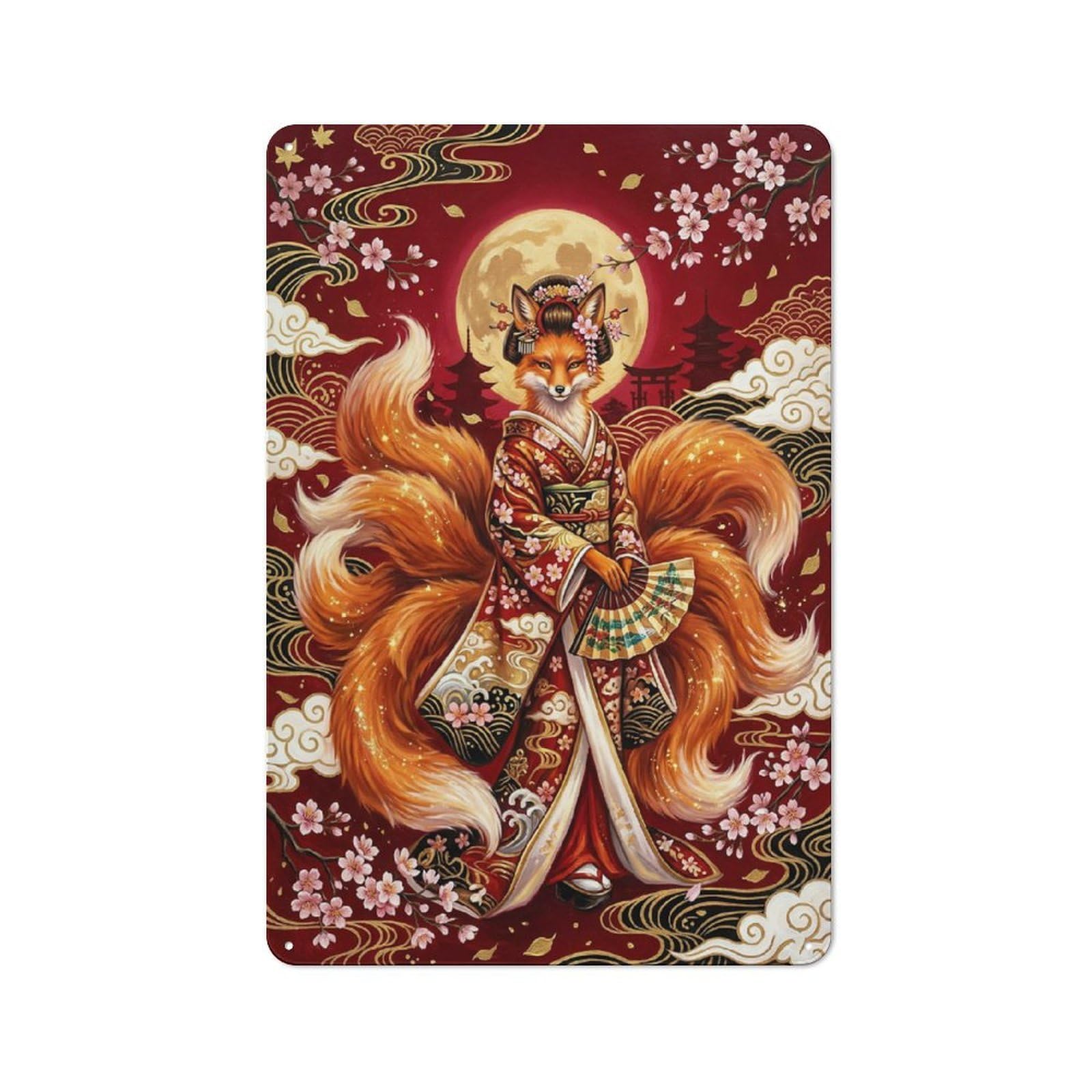 Junmoney Style-5 Kitsune In Kimono With Cherry Blossoms Vintage Metal Wall Decor 30X20cm, Vintage Metal Sign For Cafe, Bistro, Bakery Or Restaurant