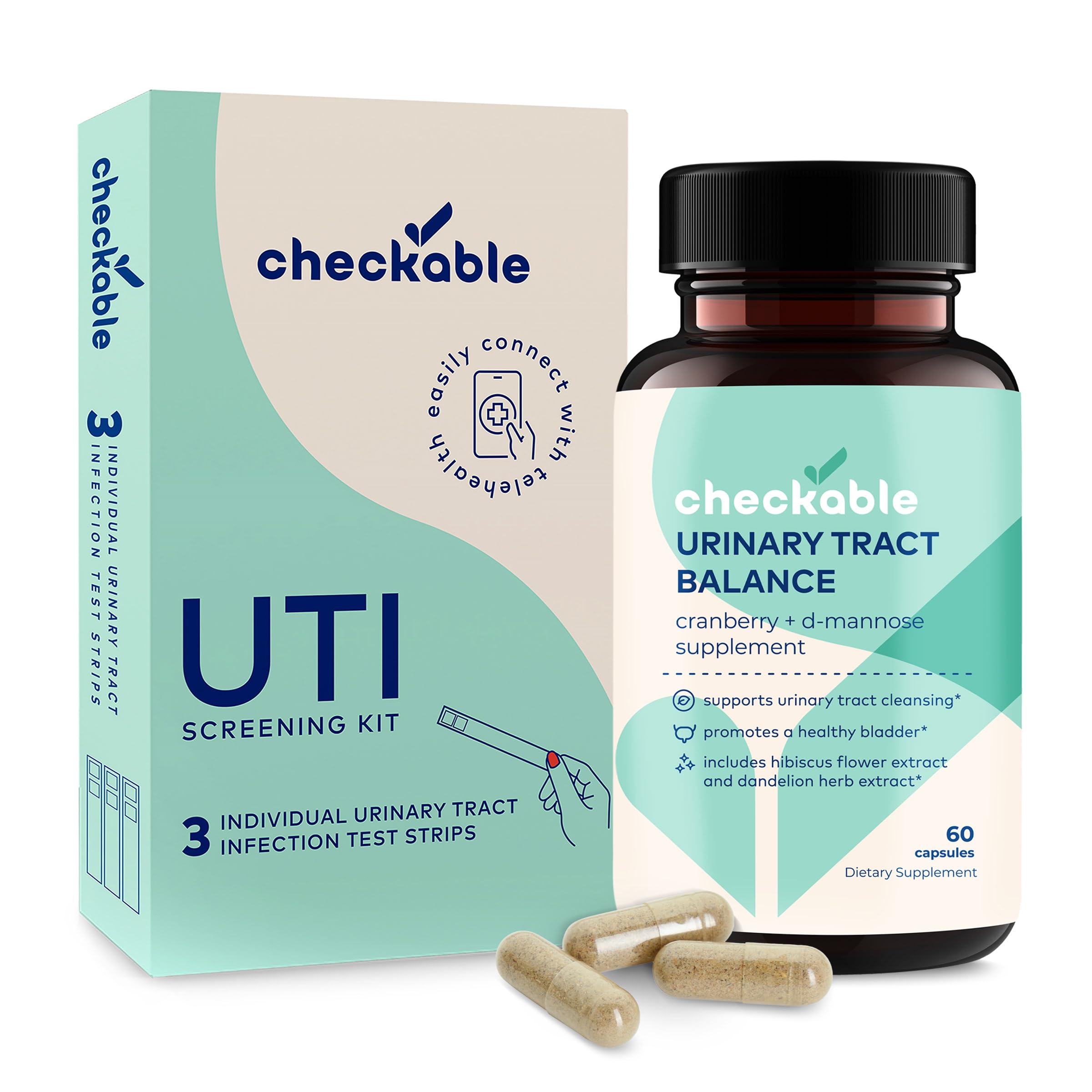Checkable® Urinary Tract Infection Screening Strips (3ct) and Checkable D-Mannose UTI Supplements (60ct) Combo Pack
