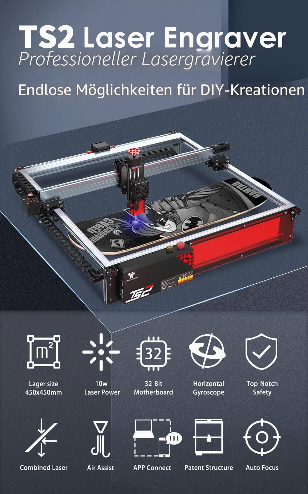 Twotrees TS2 Lasergravur maschine 10W, Laser Graviermaschine 0,08 mm Gravurgenauigkeit, Gravurgeschwindigkeit 10000 mm/min, 32 Bit Motherboard, Flammenalarm, Autofokus, 450 x 450 mm