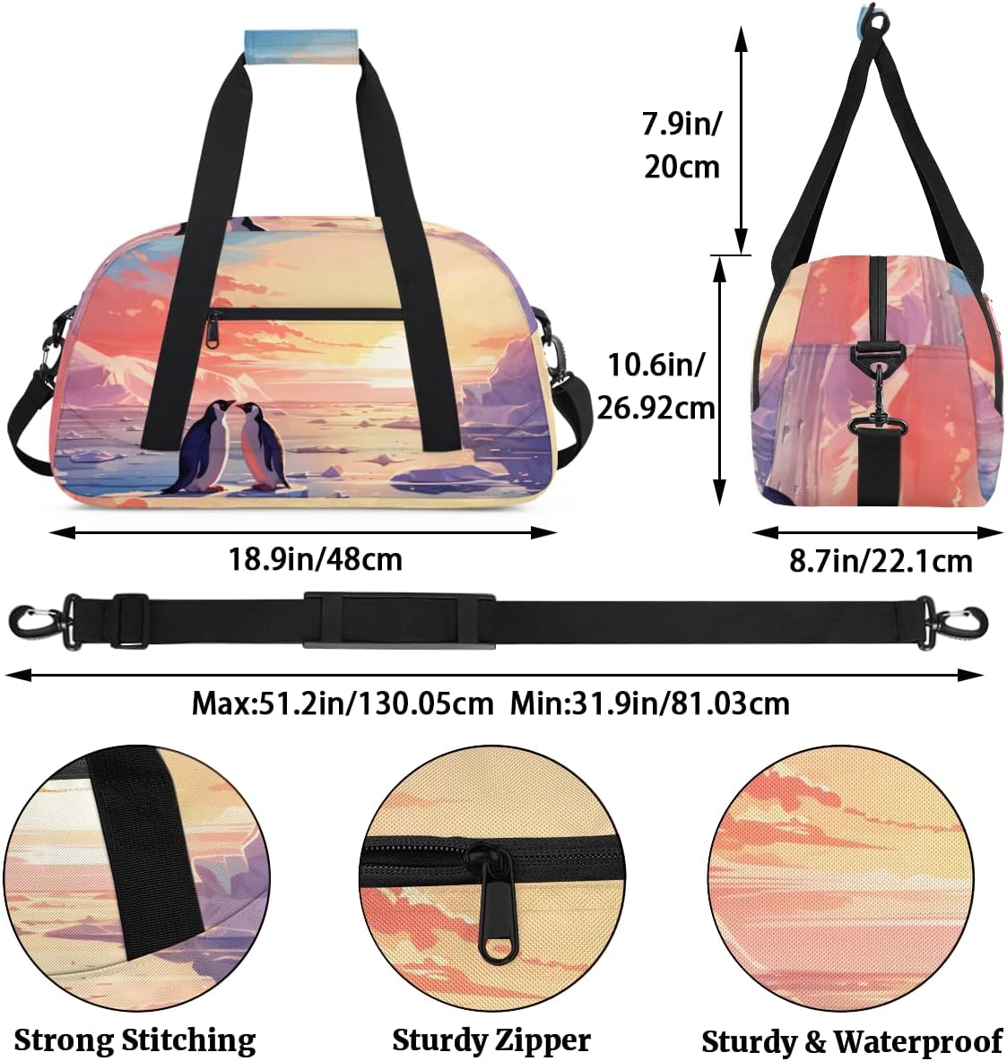 Arctic Penguin Gym Travel Duffle Bag for Boys - Gymnastics Sports Dance Bag with Front Zipper Pocket for School Practice or Overnight Travel Weekender Sleepover Tote Bag Sunset Glacier