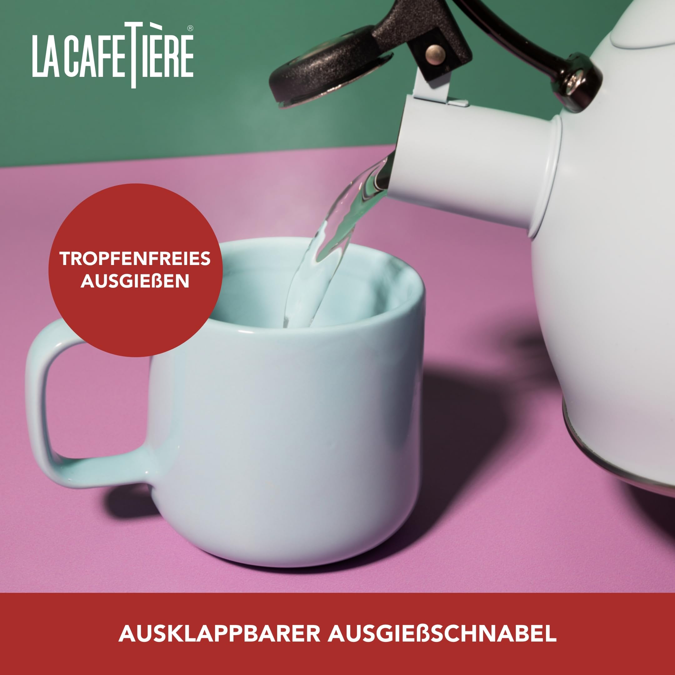 La Cafetière Flötenkessel mit hitzebeständigem Holzgriff, leicht, rostbeständig, mit klappbarem Ausgießer, kompatibel mit allen Herdplatten, 1,6 l, trendiges Himmelblau