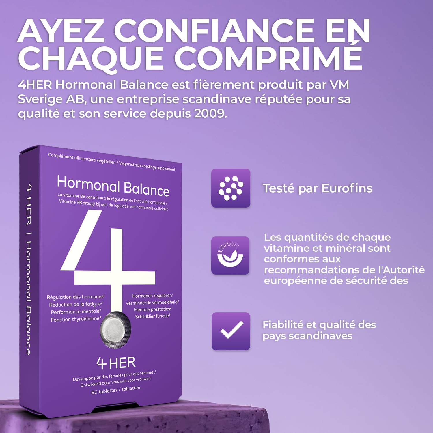 4 HER Périménopause Compléments et Vitamines Femme – Équilibre Hormonal, Safran et Ginseng – avec Vitamine B6 pour Fatigue & Activité Hormonale – 60 Comprimés Vegan (Cure 1 Mois) – GMP Certifié
