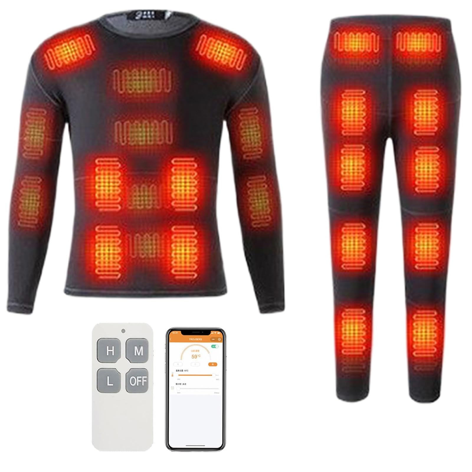 Ropa Interior Térmica Para Hombre, Camiseta Y Pantalón Térmicos De Invierno Con Calefacción En 32 Zonas, Control De Temperatura Mediante Aplicación Y Mando A Distancia(2XL)