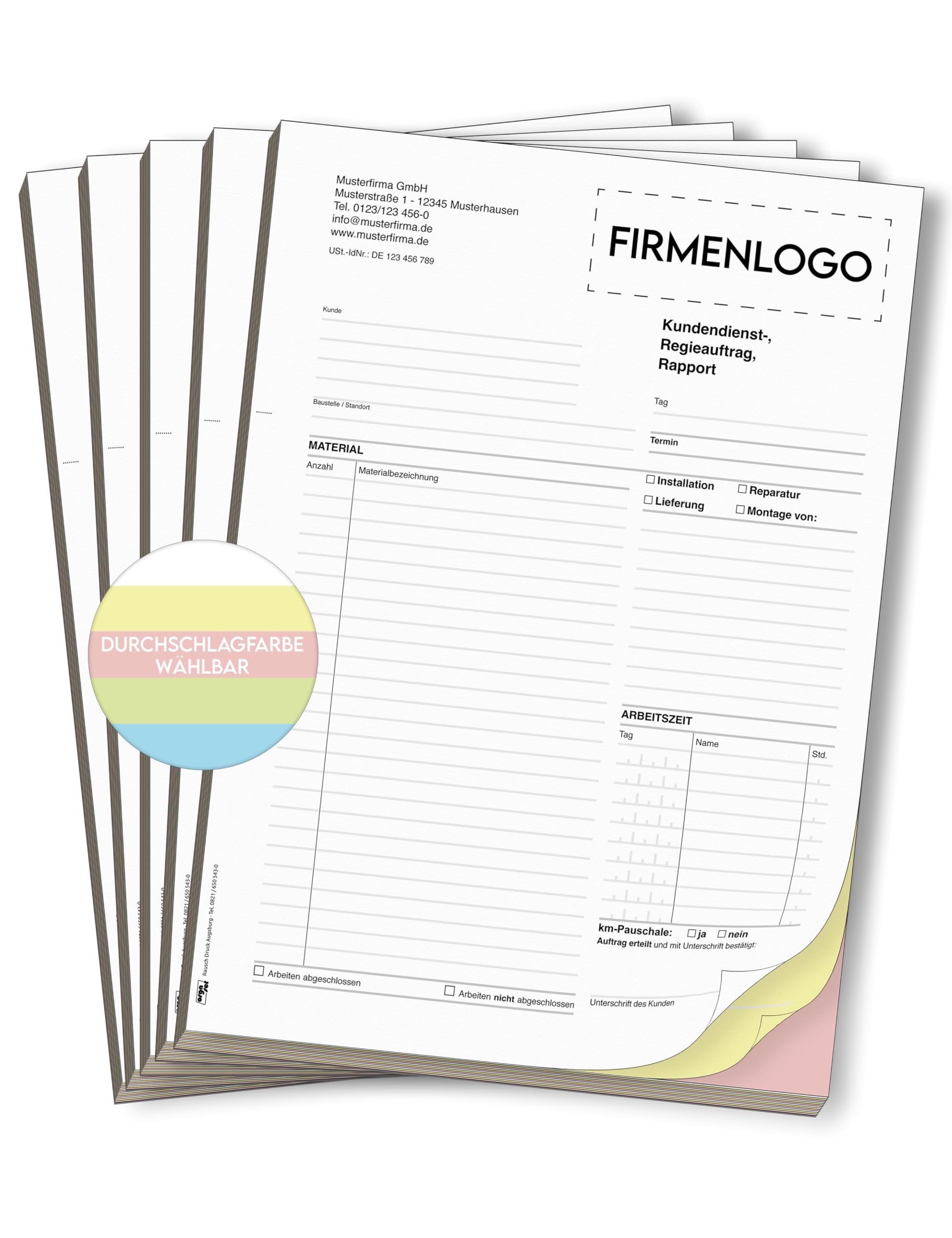 Regiebericht/Rapport | personalisierbar mit Logo und Anschrift | DIN A4 | 2-fach oder 3-fach selbstdurchschreibend | 5x Durchschreibeblock mit je 50 Sätzen