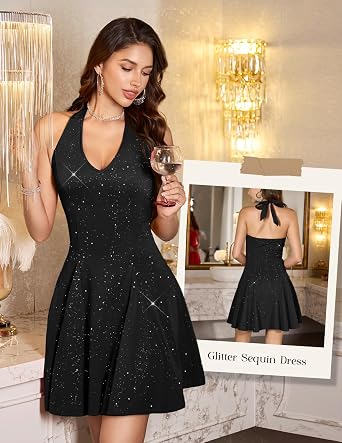 HomRain Glitter Sparkle V Neck Cocktail Dress for Women 2026 A Line Backless Halter Sequin Homecoming Evening Party Dresses