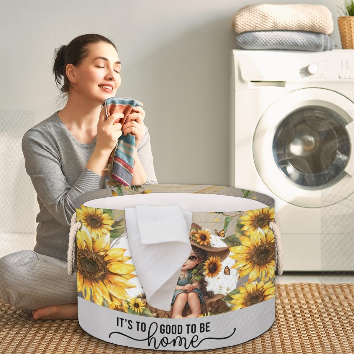 Large Round Laundry Basket Sunflower Cute Girls Toy Bins Organizers and Storage for Girls Canvas Collapsible Blanket Storage Basket Laundry Hamper Gift Baskets Bedroom Clothes Children Nursery
