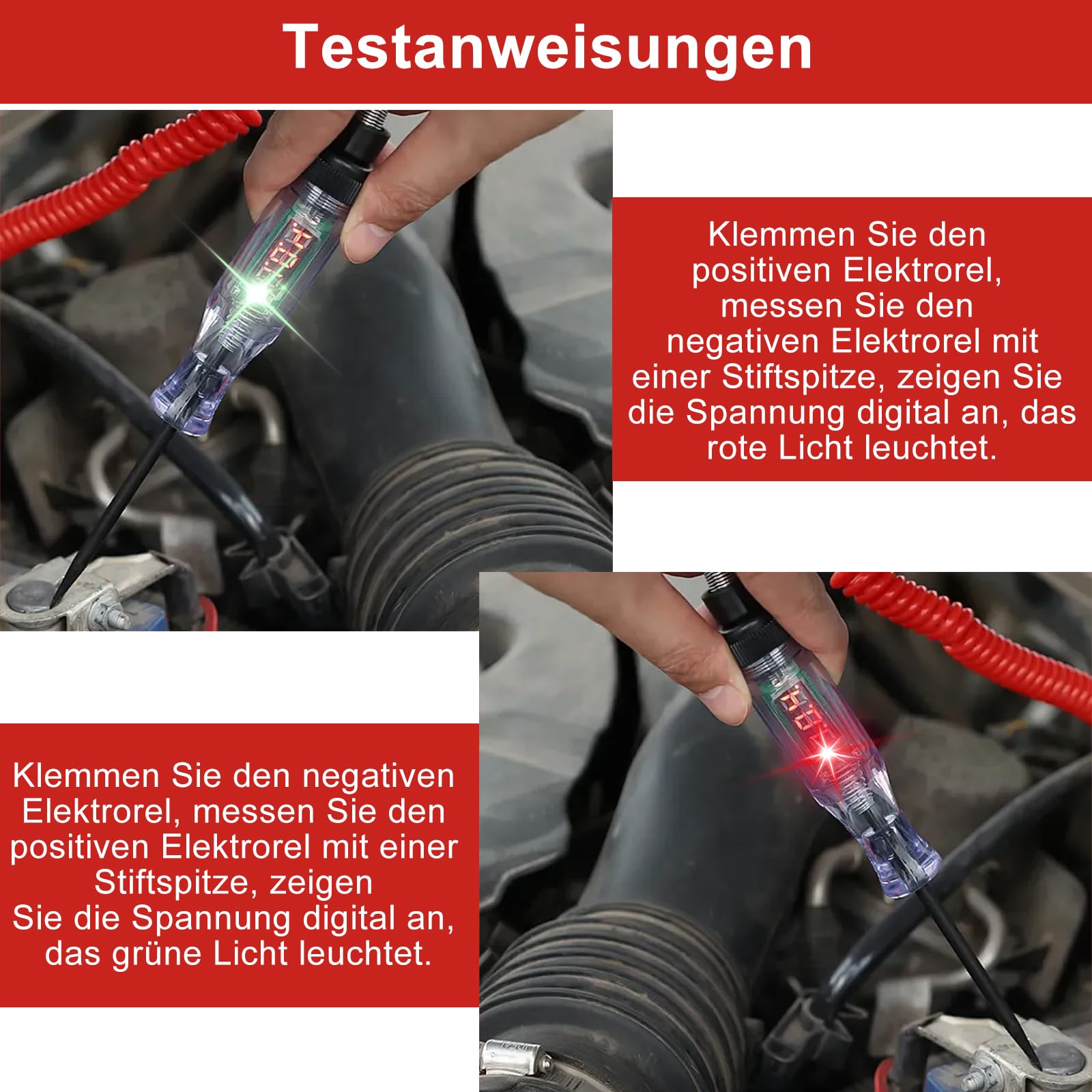 TNSLAND Tester di Tensione 4-120V DC Batteria Auto Tester per Circuiti Corrente con Indicatore Digitale LED Filo A Molla E Morsetto A Coccodrillo per Moto Auto