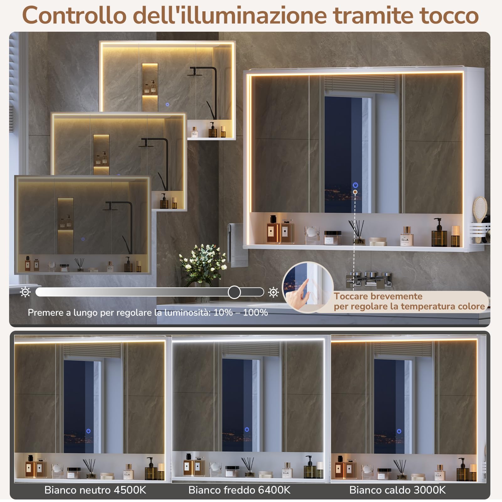 Specchio Bagno Contenitore 100Lx78Hx18P cm – Luce LED Incassata su 3 Lati, Design a 360° per Visione Totale, Touch 3 Luci, Prese, Porta Asciugacapelli e Asciugamani
