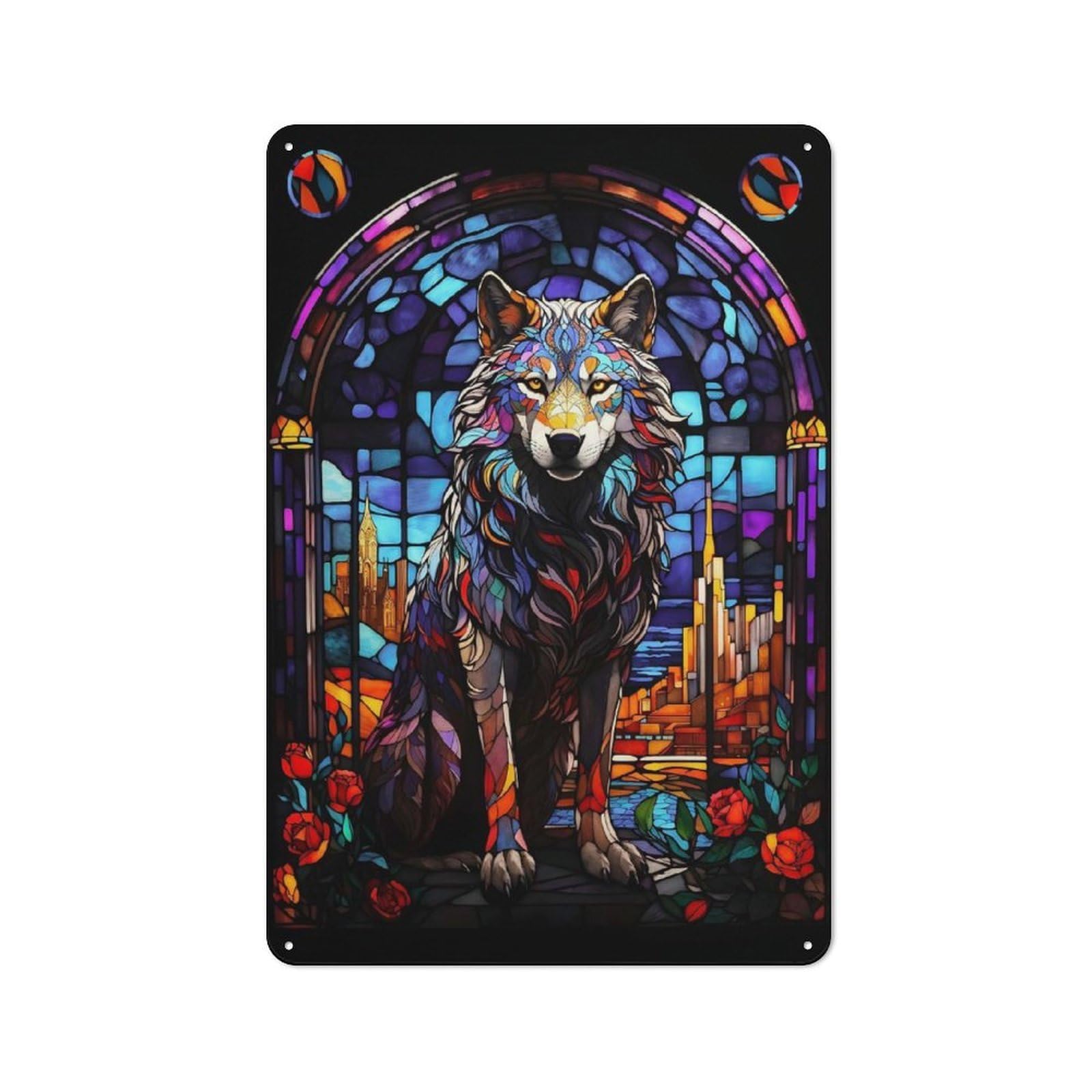 Wolf City Stained Glass Metal Wall Sign 30x20cm, Rustic Classic Pub Decor for Cafe, Pub, Workshop Or Home Bar