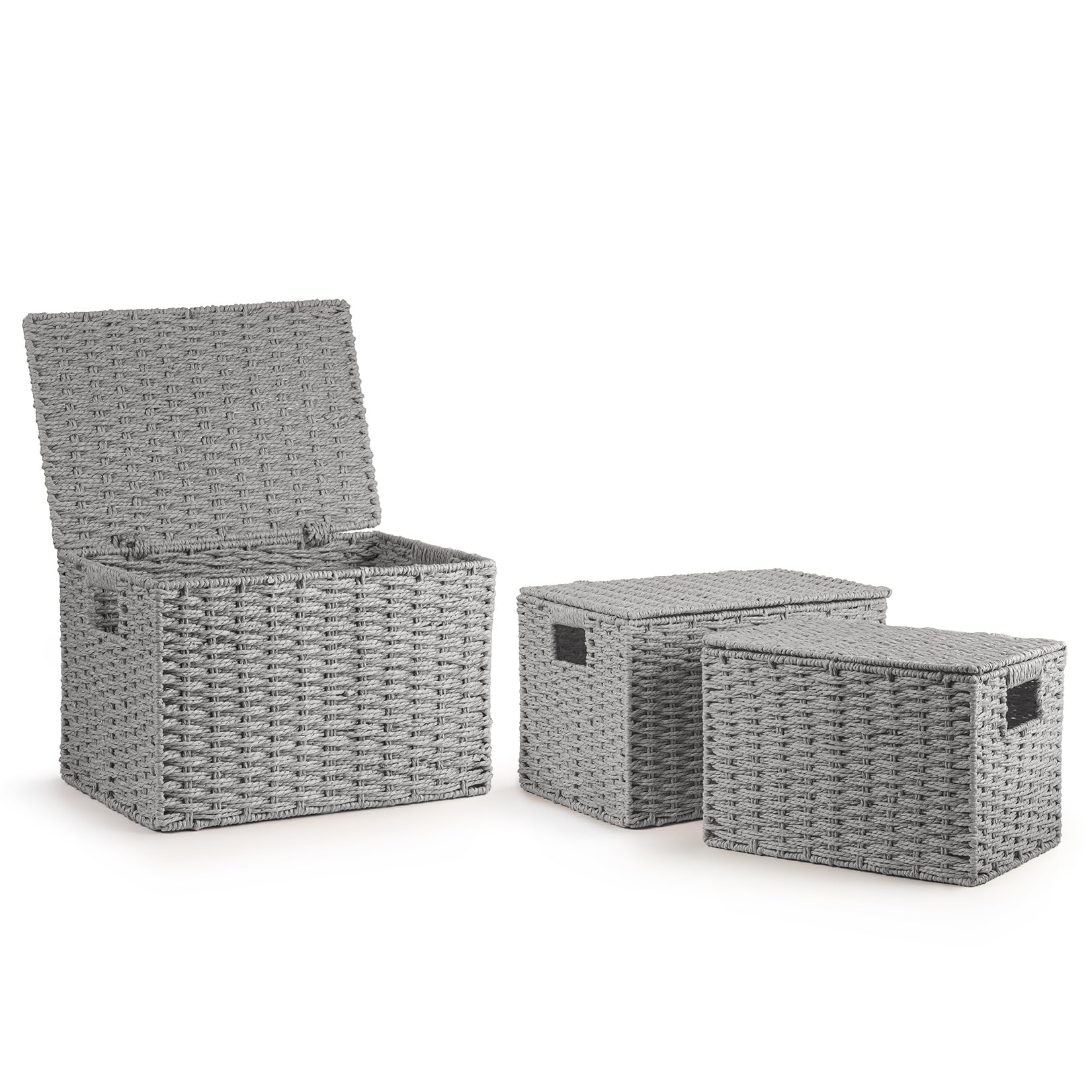 woodluv Storage Baskets Set of 3, Lidded Storage Boxes for Shelves Organiser with Handles for Bathroom, Bedroom & Home Office, Grey