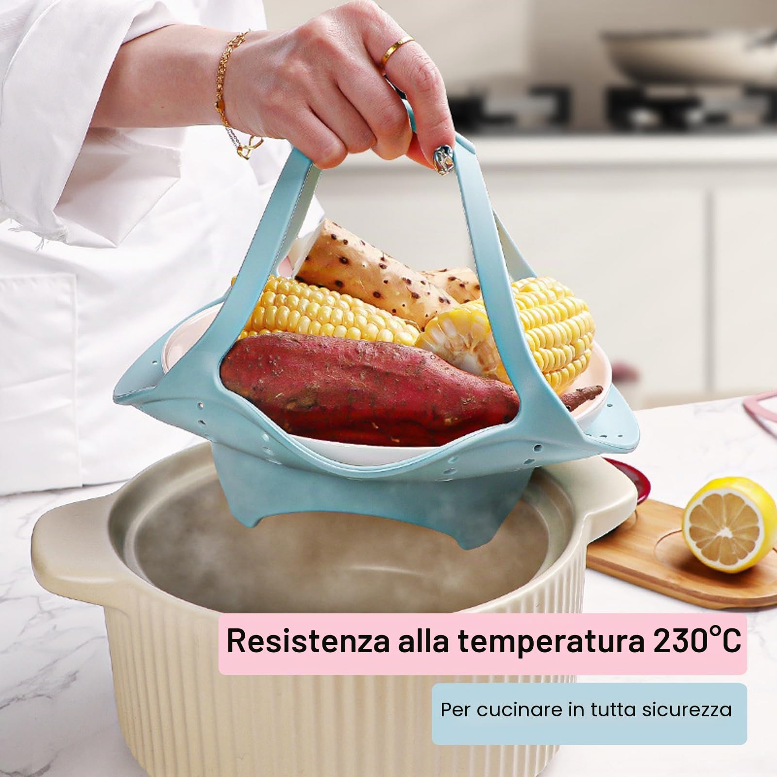 Cestino per cottura a vapore in silicone con design pieghevole per verdure, compatibile con pentole istantanee, riutilizzabile, antiaderente, senza BPA, blu