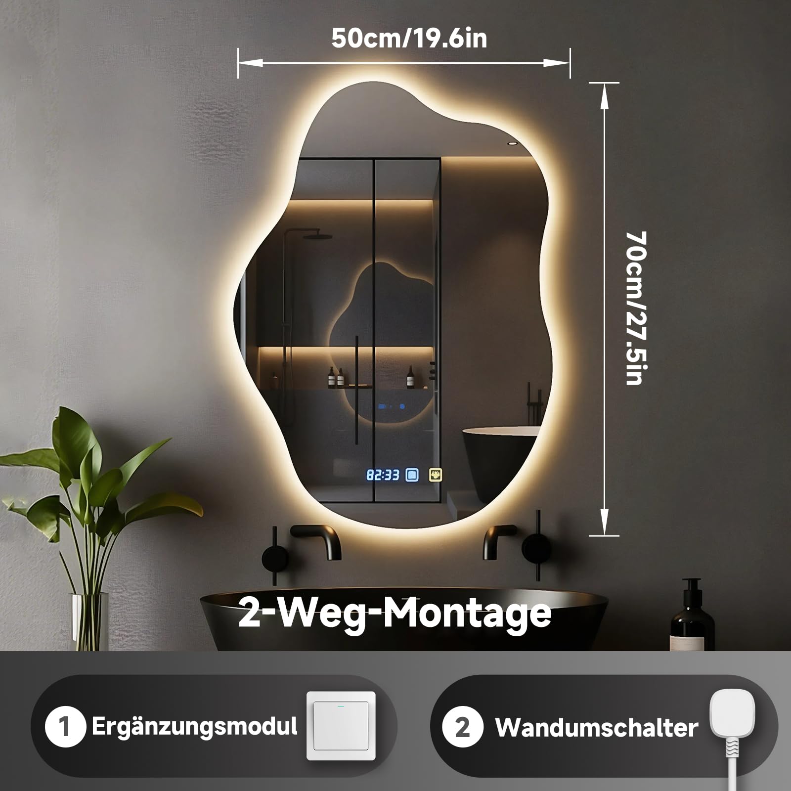 Wandspiegel mit Beleuchtung, 70x50cm LED Badezimmerspiegel, Cloud-Design mit 3-Farben Licht & Zeitdisplay, Anti-Beschlag, Dimmbares Smart Lighting für Wandmontage im Bad