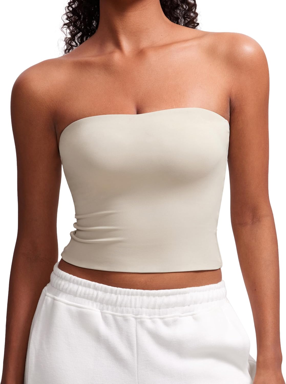 CRZ YOGA Butterluxe Double Lined Tube Tops for Women Going Out Crop Sleeveless Tank Bandeau Strapless Casual Shirts (Medium Mojave Tan) Thumbnail