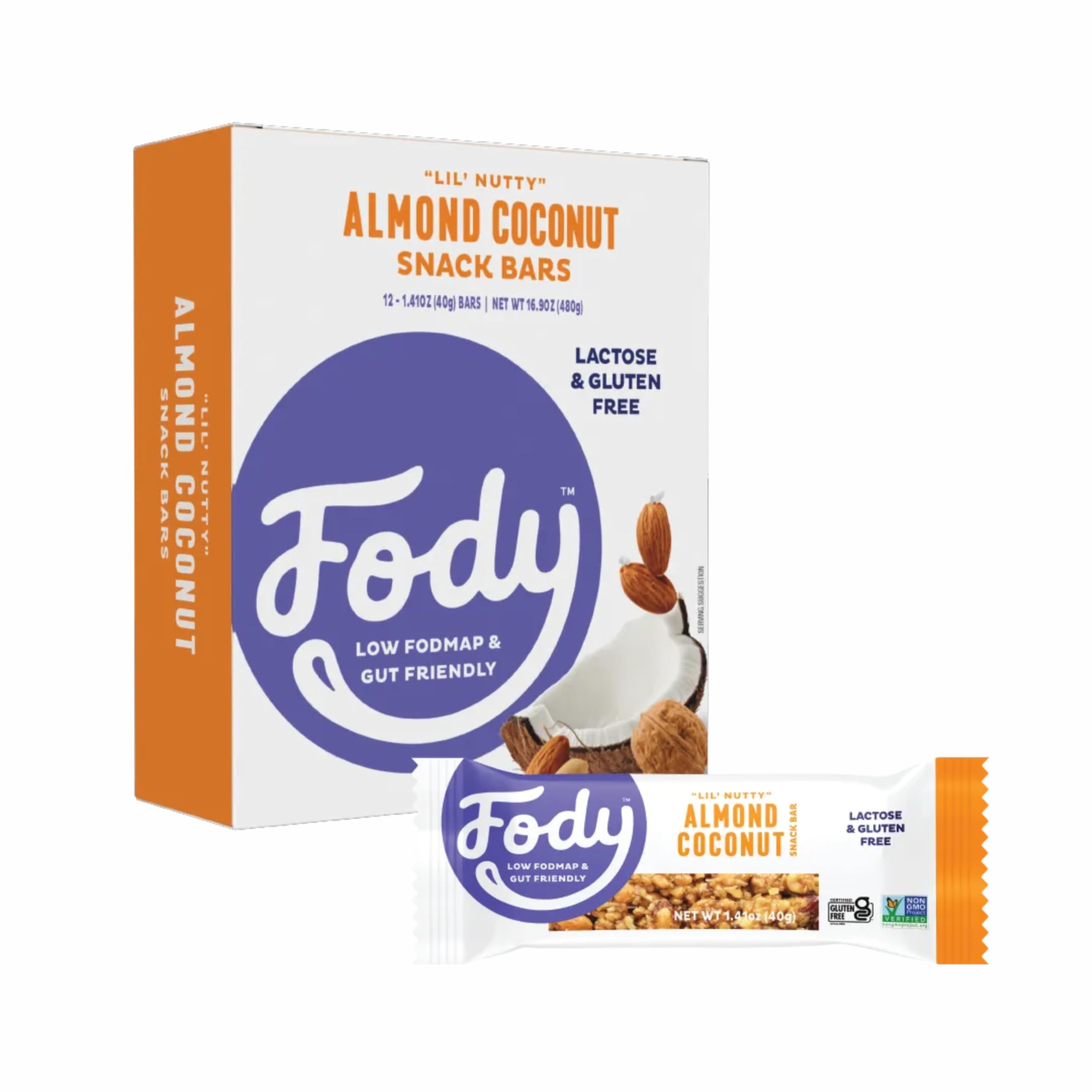 Fody Foods Snack Bars, Almond Coconut, 1.41 Oz (Pack of 12), 6g Protein, Low FODMAP, Gut & IBS Friendly, Vegan, Lactose Free, Non-GMO, Gluten Free