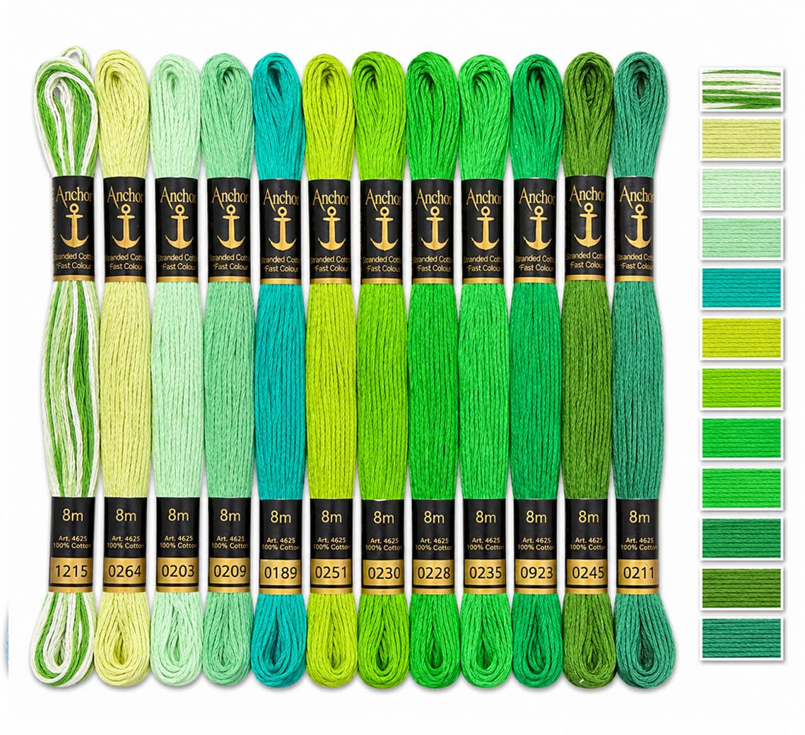 Anchor Embroidery Cotton Skeins 12 Pieces Green Tone | Premium Embroidery Thread | Premium Skeins | Cross Stitch Embroidery Floss | Anchor Stranded | Specail Shades (Green Shade Tone)