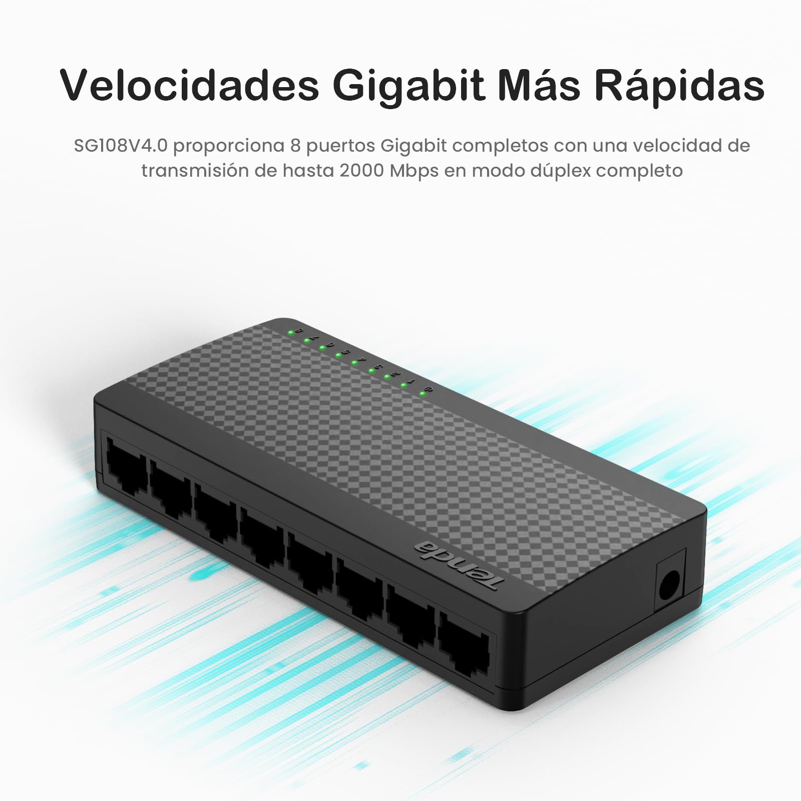 Tenda SG108 Switch Ethernet Gigabit de 8 Puertos, 10/100/1000 Mbps, RJ45, IEEE 802.3X, MDI/MDIX Automático, Modo Dúplex Completo, Plug y Play, No administrado, Sin Configuración, Silencioso, Negro