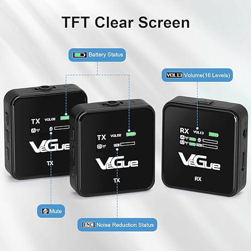 Miniatura 5 de VeGue Sistema de micrófono inalámbrico Lavalier, micrófono de solapa inalámbrico de doble canal de 2.4 GHz con cancelación de ruido para cámaras