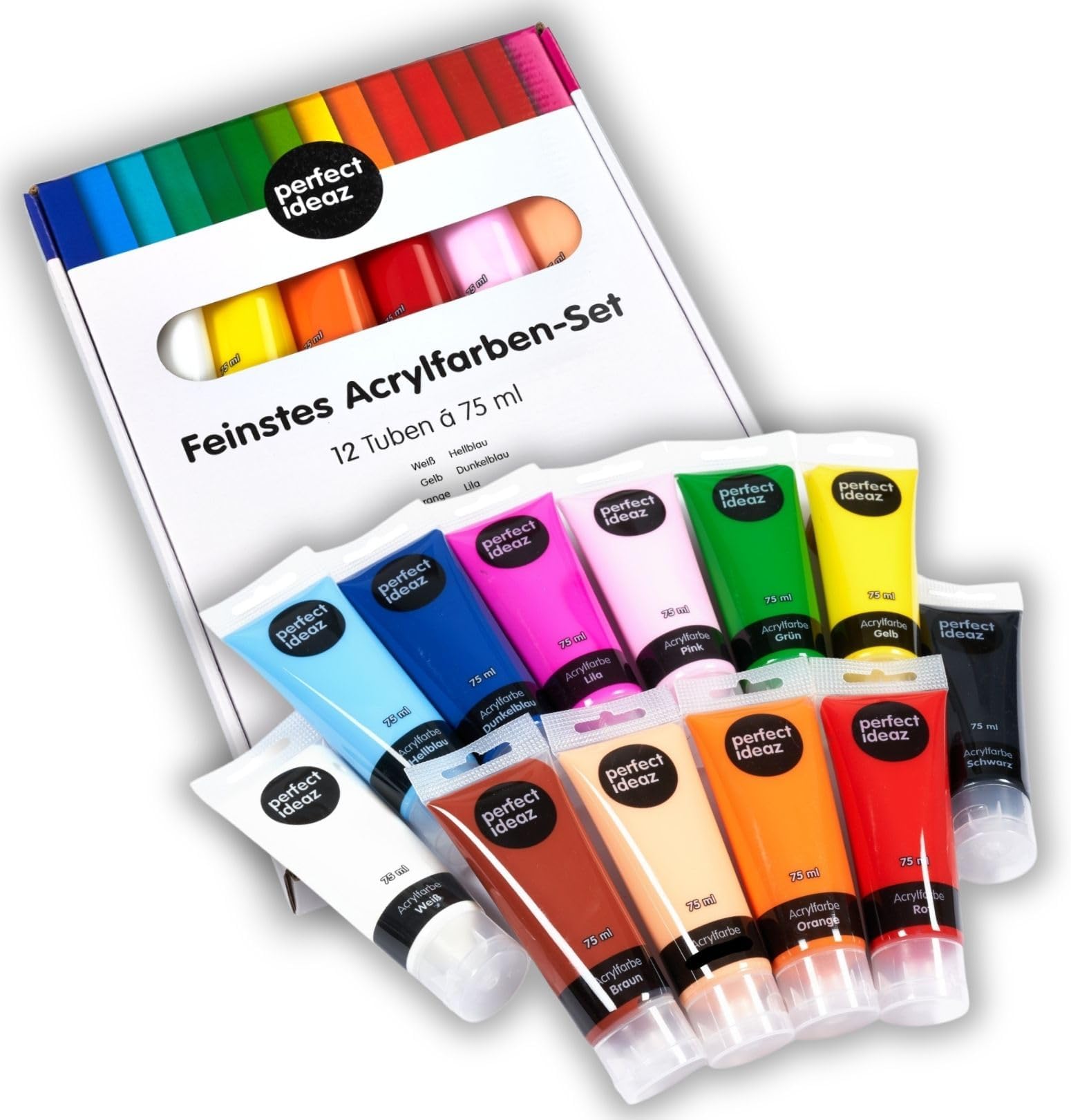 perfect ideaz colourful set of 12 tubes of acrylic paints, each 75 ml, with brush, 12 different creative paint colours, high colour pigment content, high coverage and fast drying acrylic paints