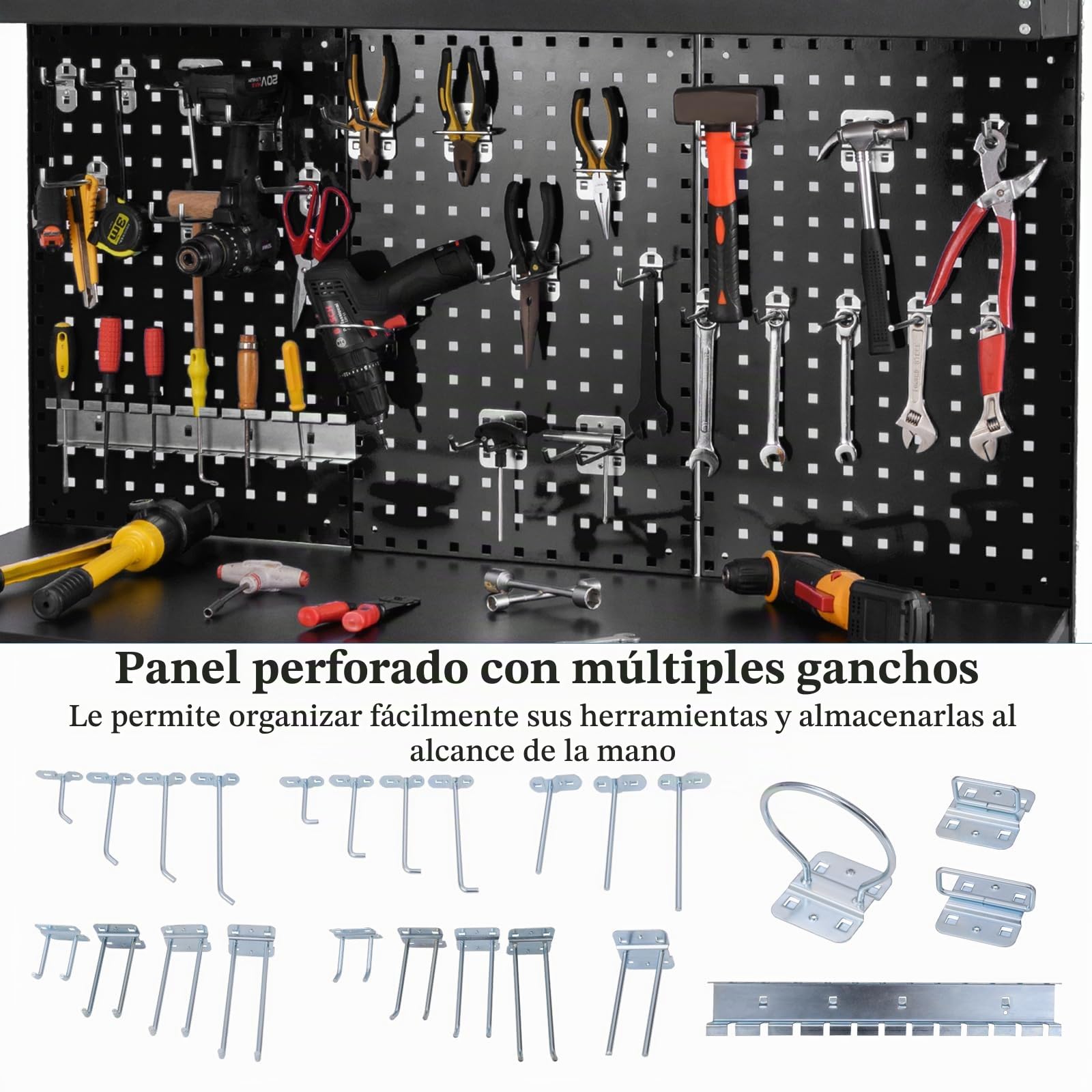 GYMAX Banco de Trabajo de 121 x 61 cm con Panel Perforado, Mesa de Trabajo con 24 Ganchos para Herramientas, Cajones y Estantes Abiertos, Estación de Trabajo de Capacidad de 230 kg (Negro)