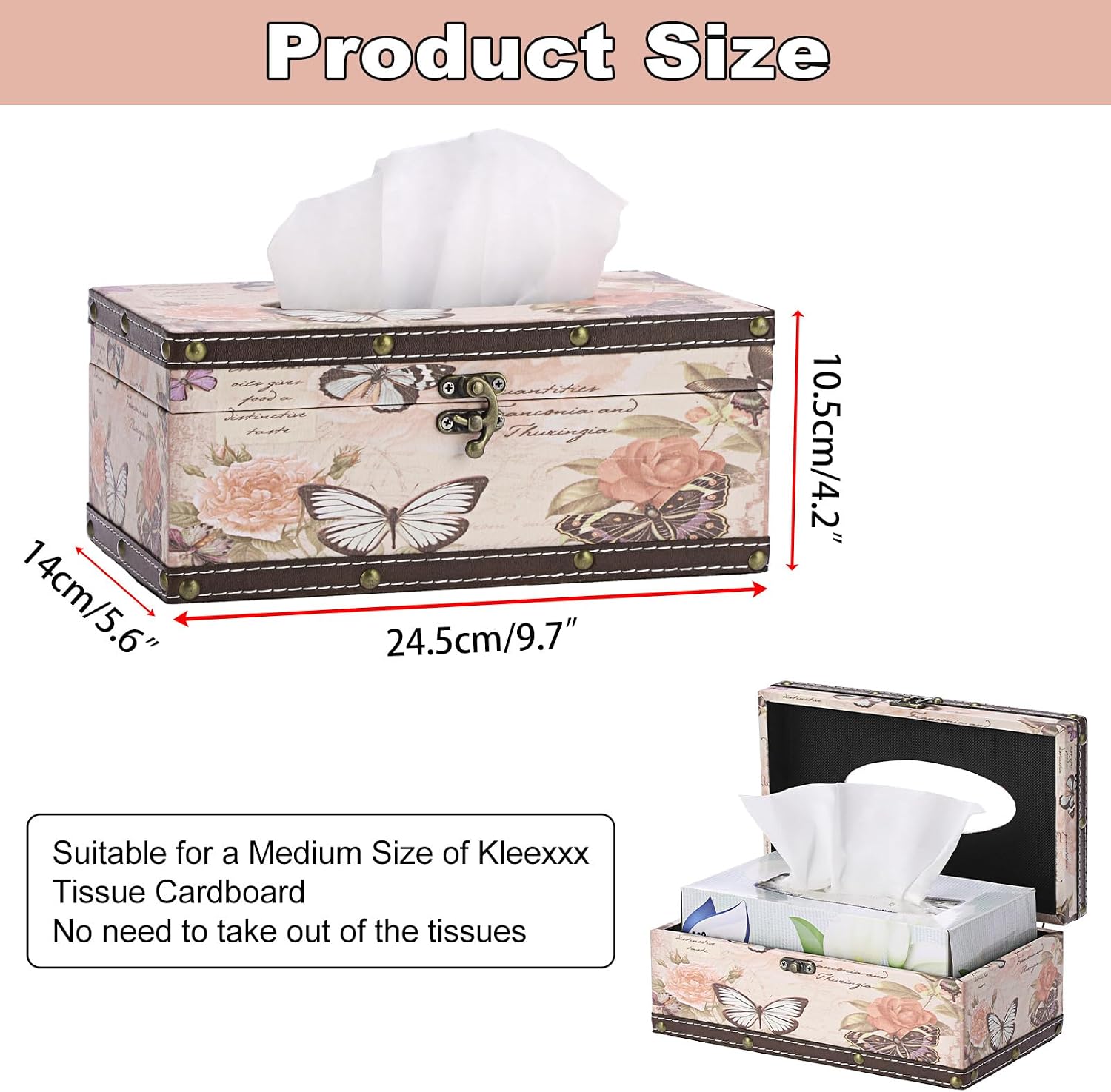 Vintage Tissue Box Cover, Wood Rectangular Tissue Holder, Retro Pink
