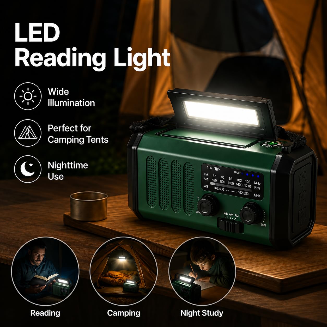 Radio Dynamo Survie 20000mah Radio Solaire SW/AM/FM Radio d'urgence Portable Alarme SOS avec Lampe de Lecture Boussole Générateur à Manivelle et Solaire Charge d'urgence pour Smartphones