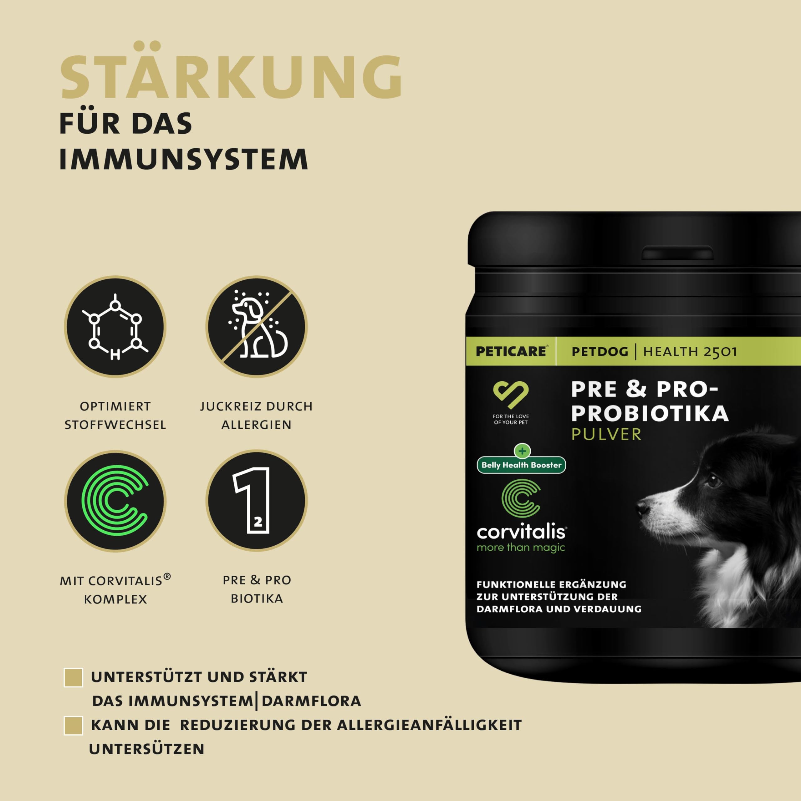 Peticare Probiotika & Präbiotika Pulver für Hunde | Immunsystem stärken, Darmsanierung, Darmflora aufbauen | bei Allergie-Anfälligkeit & Juckreiz | natürliches Ergänzungsfutter - petDog Health 2501