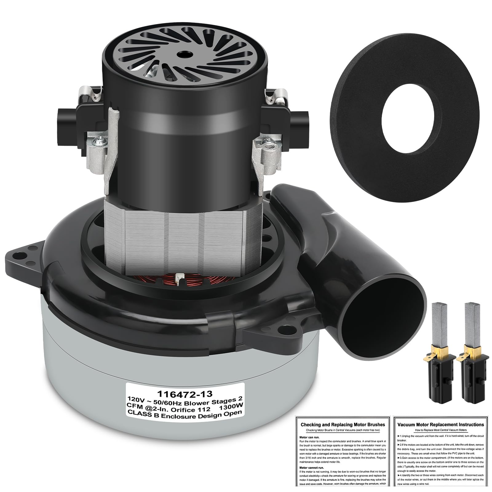 View 1 of 116472-13/116472-00 Vacuum Motor Replacement – 2-Stage 5.7" 112 CFM High Power, Quiet and Efficient Operation, Easy to Install for Central Vacuums, Boat Lifts, Industrial Cleaning, Bathing Systems