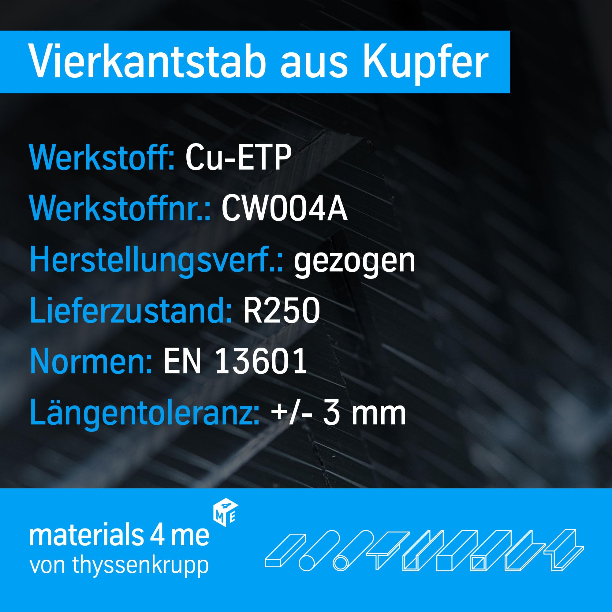 thyssenkrupp Kupfer Vierkantstab 10x10 mm - 2000 mm CW004A – Kupferstange Vierkantprofil Vollmaterial