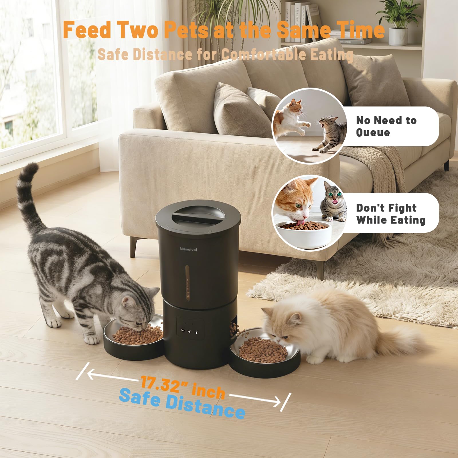Miaosical Automatic Cat Feeder 2 Cats,2.4G WiFi Timed Auto Cat Food Dispenser with Dual Bowls,4.2L Smart App Control,Equal Portion Feeding for Multiple Cats (Black, 4.2L WiFi Dual Bowl) - image 3