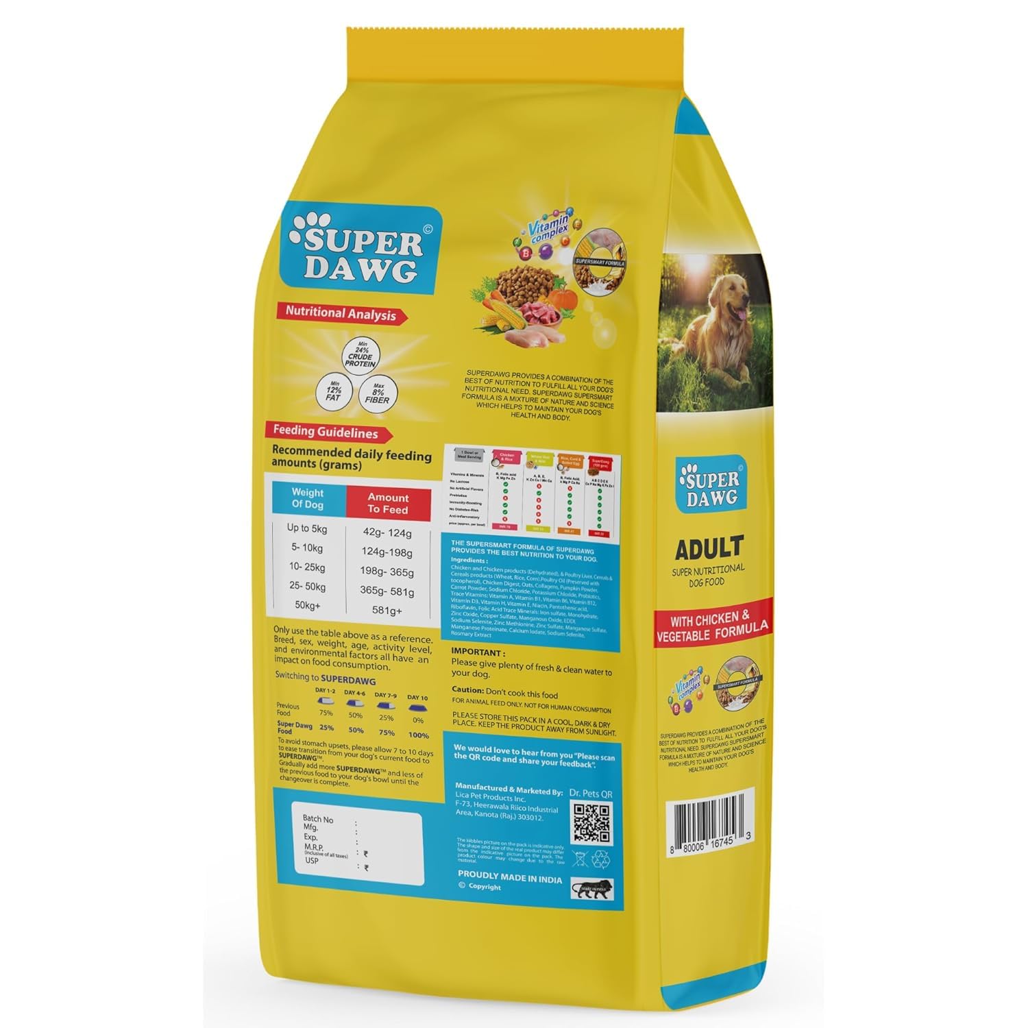 Dr.Pets Super Dawg Adult Dog Food | with Chicken & Vegetable Formula | High Protein 24% & Healthy Fats 12% | Omega 3, 6 & Collagen for Strong Muscles, Shiny Coat & Easy Digestion 10Kg Pack