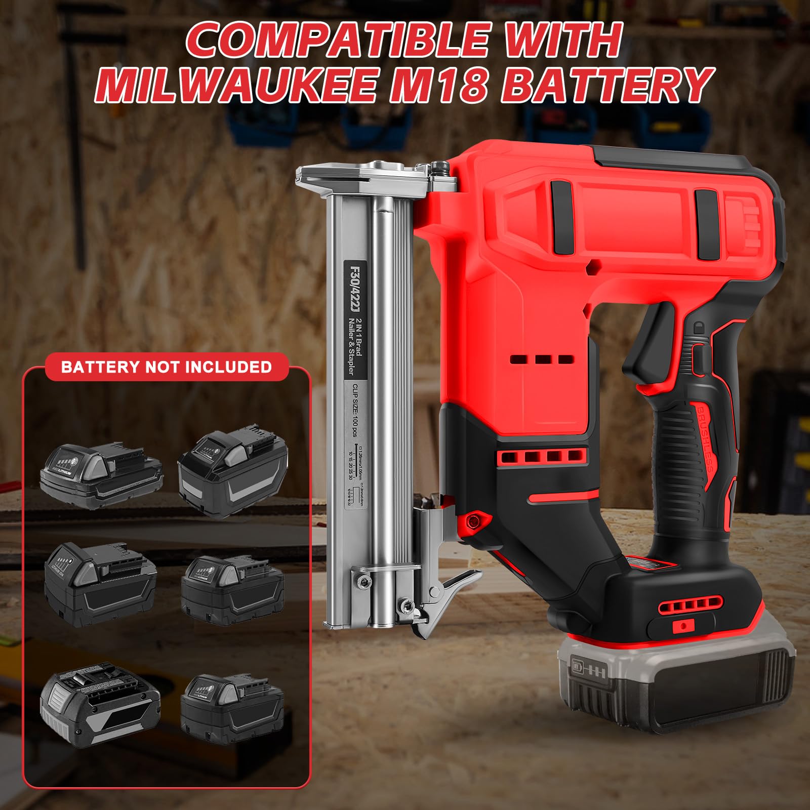 Cloueuse Brad sans fil, compatible avec Milwaukee M 18V batterie (non batterie), agrafeuse électrique sans balais avec 500 clous et 500 agrafes, pistolet à clous à 2 modes pour travail du bois