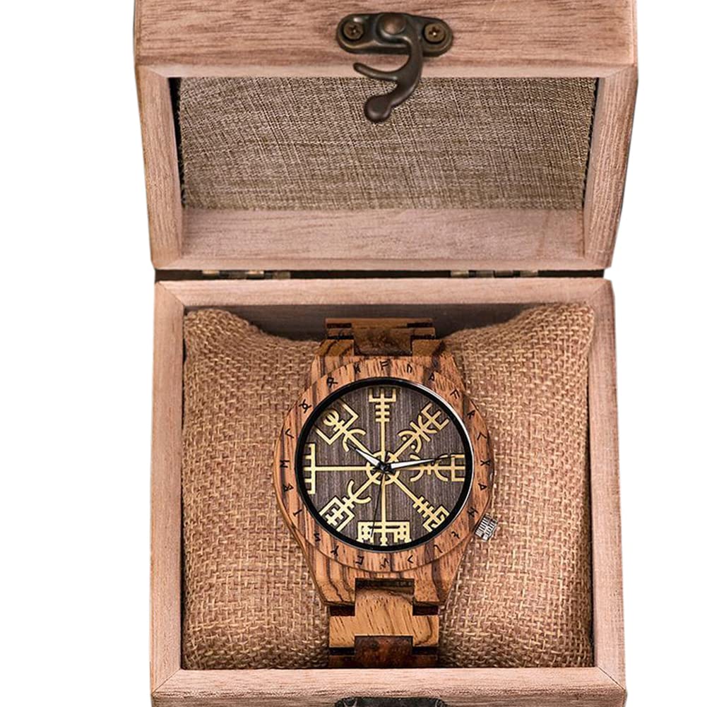 Wikinger Herrenuhr Holzuhr, Wood Armbanduhr mit Helm der Ehrfurcht Symbol Nordische Mythologie Holzarmband Vintage Verstellbare Quarzuhr Runenkreis Geschenk