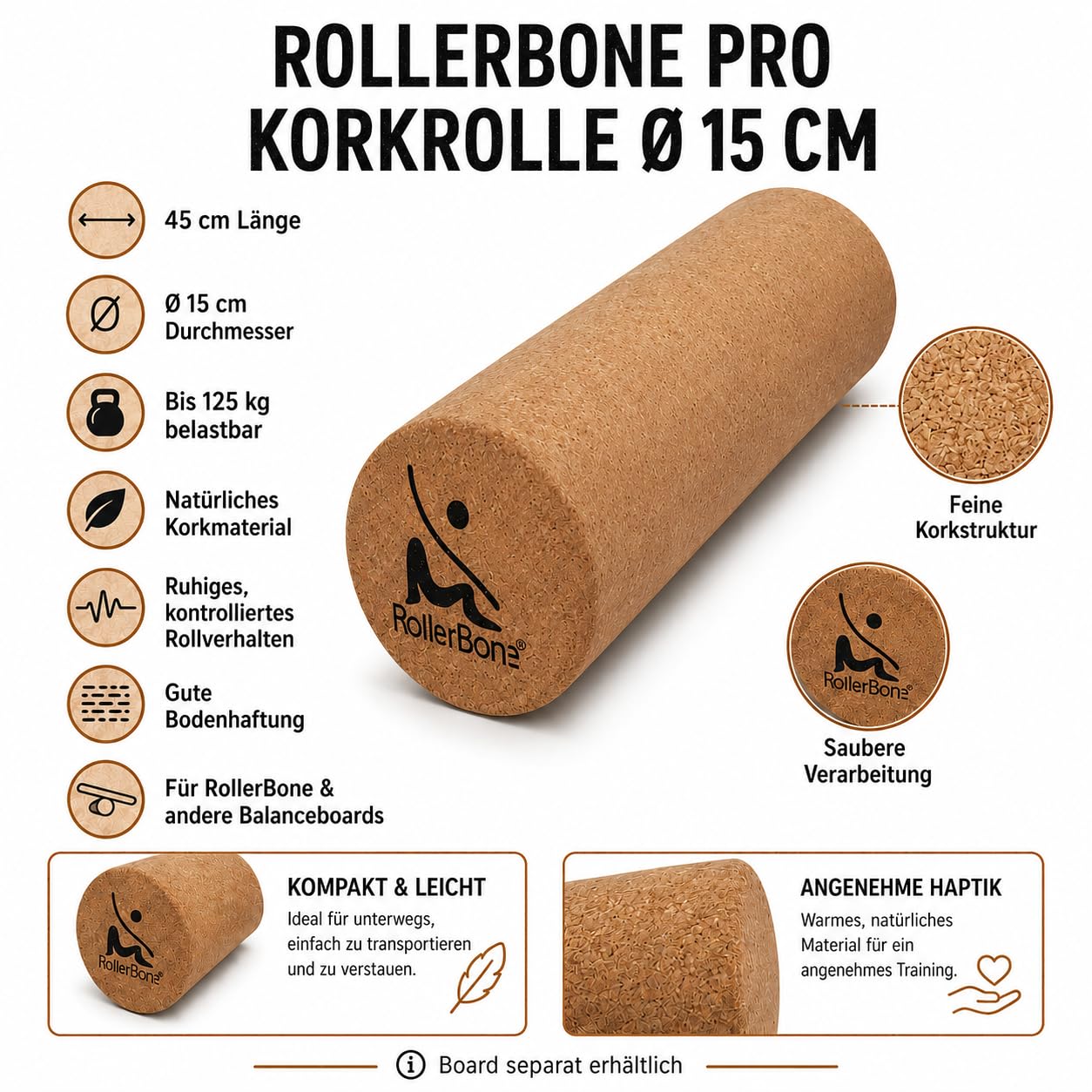 Korkrolle Pro Ø 15 cm – Balanceboard Rolle aus Naturkork, 45 cm, bis 125 kg – für RollerBone & andere Balance Boards – Balance, Core, Fitness & Faszientraining