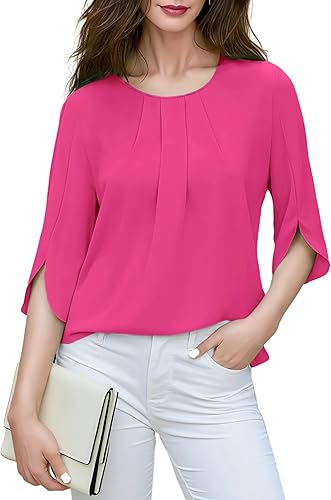 Mettclasi Women's Crewneck Summer Chiffon Blouse, 3/4 Sleeve Dressy Casual Shirt