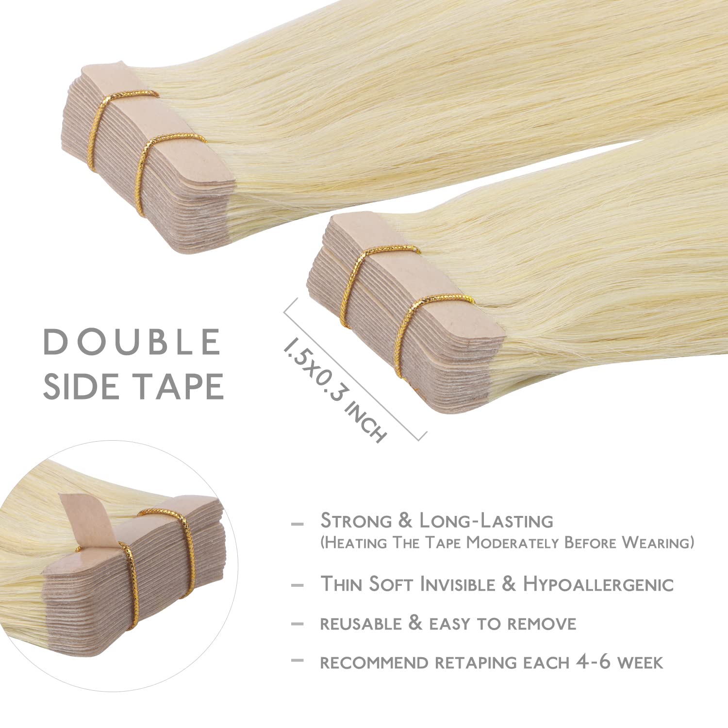 WENNALIFE Tape in Hair Extensions 20pcs 50g 14 inch Bleach Blonde Remy Human Hair, 1-Tape#613R Bleach Blonde, 14Inch-20pcs - Image 3