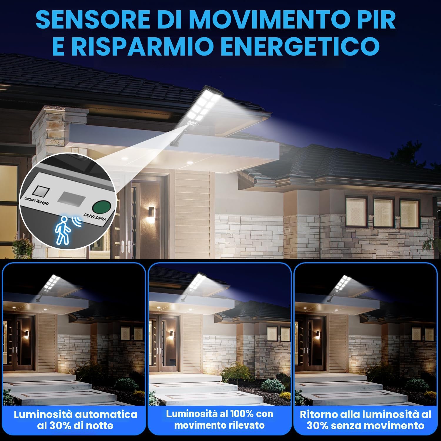 Lampione Solare Esterno 2 Pezzi, 6000K Lampione LED con Pannello Solare, Faro Stradale Esterno IP66 Impermeabile Luce Solari con Sensore di Movimento e Telecomando per Giardino Sentieri