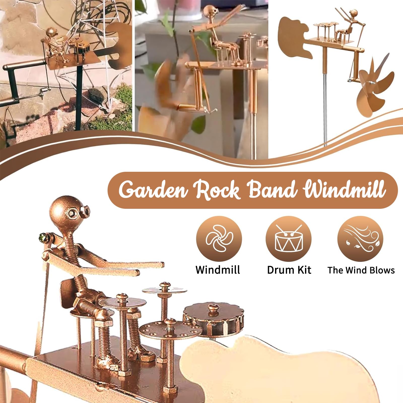 Handmade Metal Drummer Windmill, Steampunk Drummer Wind Spinners for Garden Percussionist Music Figurines - Image 3