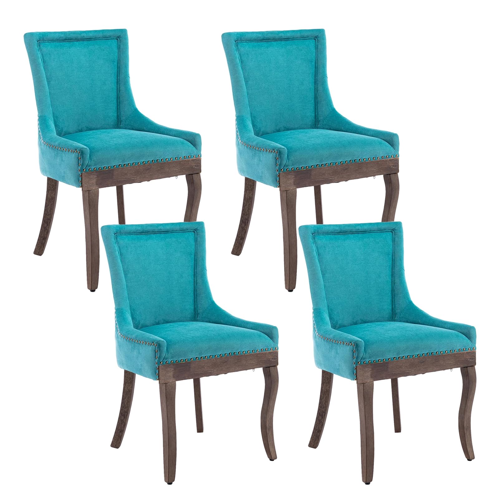 Aoowow Fabric Farmhouse Upholstered Side Chairs Set of 4, Vintage Solid Wood Kitchen Dining Room Chairs with Nailheads Solid Wood Legs (Lake Blue)