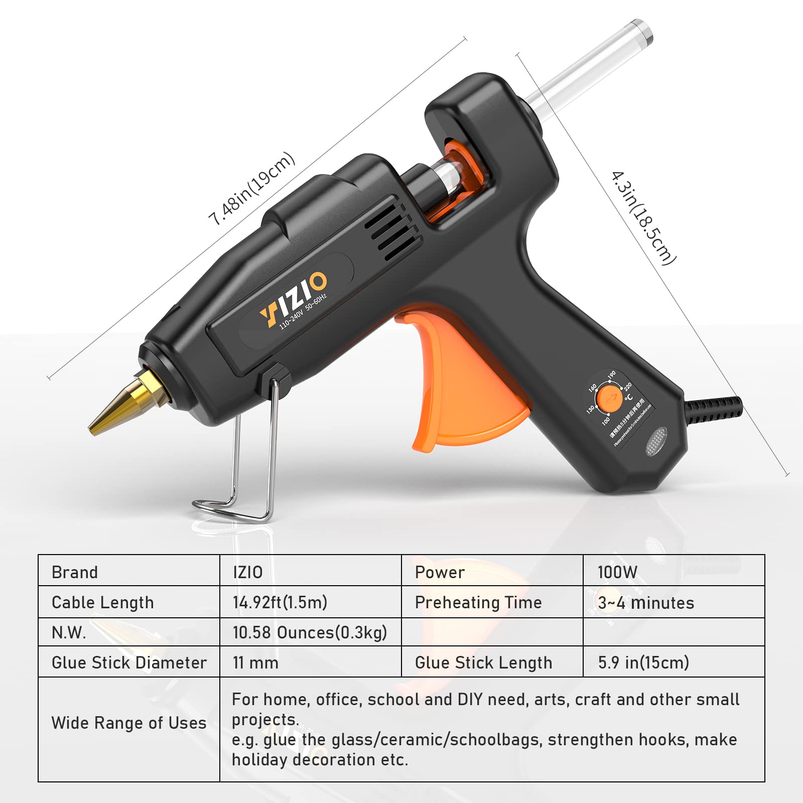IZIO Set completo di pistola per colla a caldo e bastoncini, temperatura regolabile da 100 a 220 W, preriscaldamento rapido, colla industriale resistente, 30 bastoncini di colla a caldo per