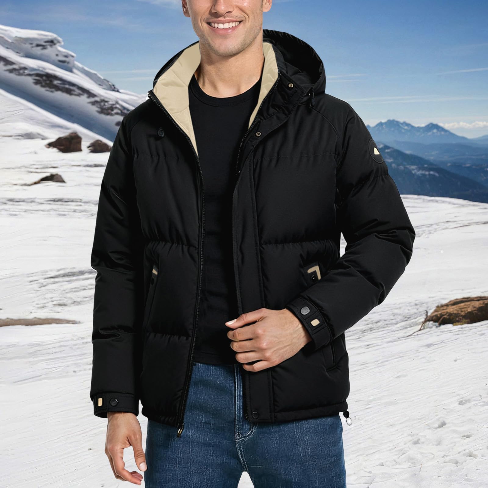 Generisch Piumino da uomo con cappuccio, giacca trapuntata per esterni, con cerniera, slim fit, morbida, con cappuccio, tinta unita