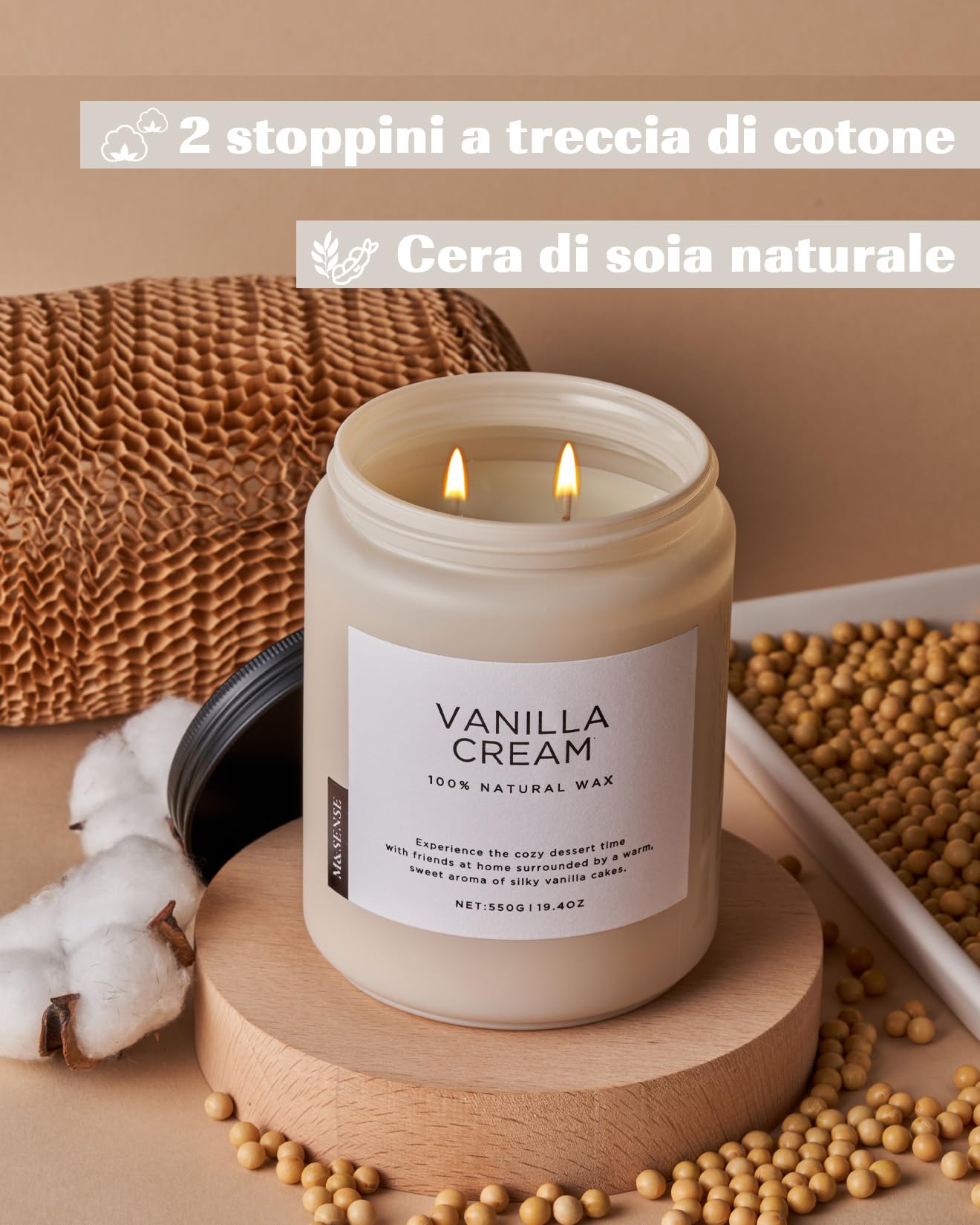 M&SENSE Candele profumate di Crema alla vaniglia, candela media, candela profumata per aromaterapia rilassante, regalo di inaugurazione per donne e uomini, a 2 stoppini da 550g, Durata Fino a 110 Ore