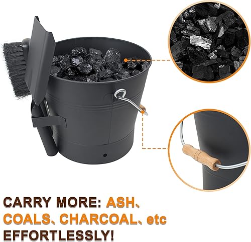 Miniatura 5 de BRIAN & DANY Cubo de ceniza con tapa, cubo de ceniza de chimenea de 2.6 galones con pala y escoba de mano, cubo de metal para chimenea, hoguera,