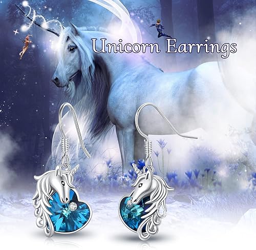 Miniatura 4 de Aretes de unicornio de plata de ley 925, hipoalergénicos, aretes colgantes de cristal azul, joyería de regalo de unicornio para mujeres y niñas
