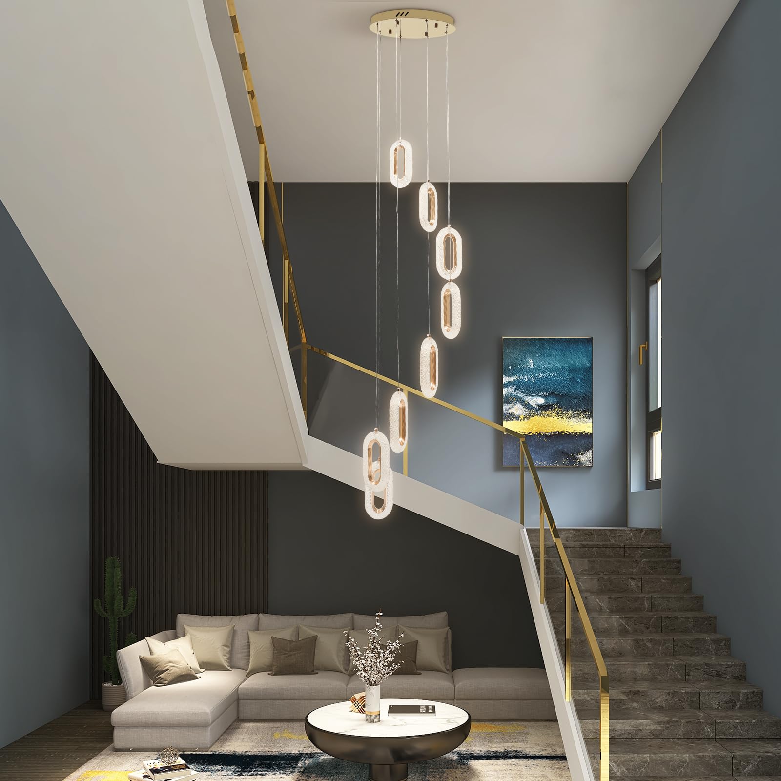 Moderne 8-Ring LED Pendelleuchte Deckenleuchte Deckenlampe Kronleuchter mit Fernbedienung Einstellbare Helligkeit 35W 3850lm für Wohnzimmer Büro Flur Esszimmer