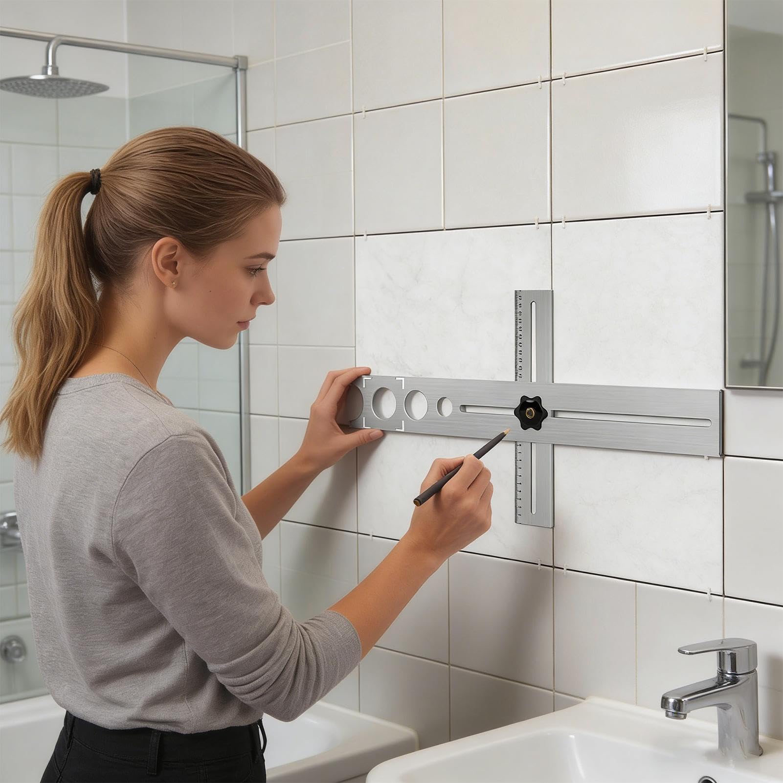 Localisateur De Trous Pour Carrelage En Céramique - Instrument Universel et Ajustable en Acier Inoxydable,Jauge De Détection Pour Guide De Perçage De Sol | Pour Verre, Sol, Céramique, Marbre et Bois