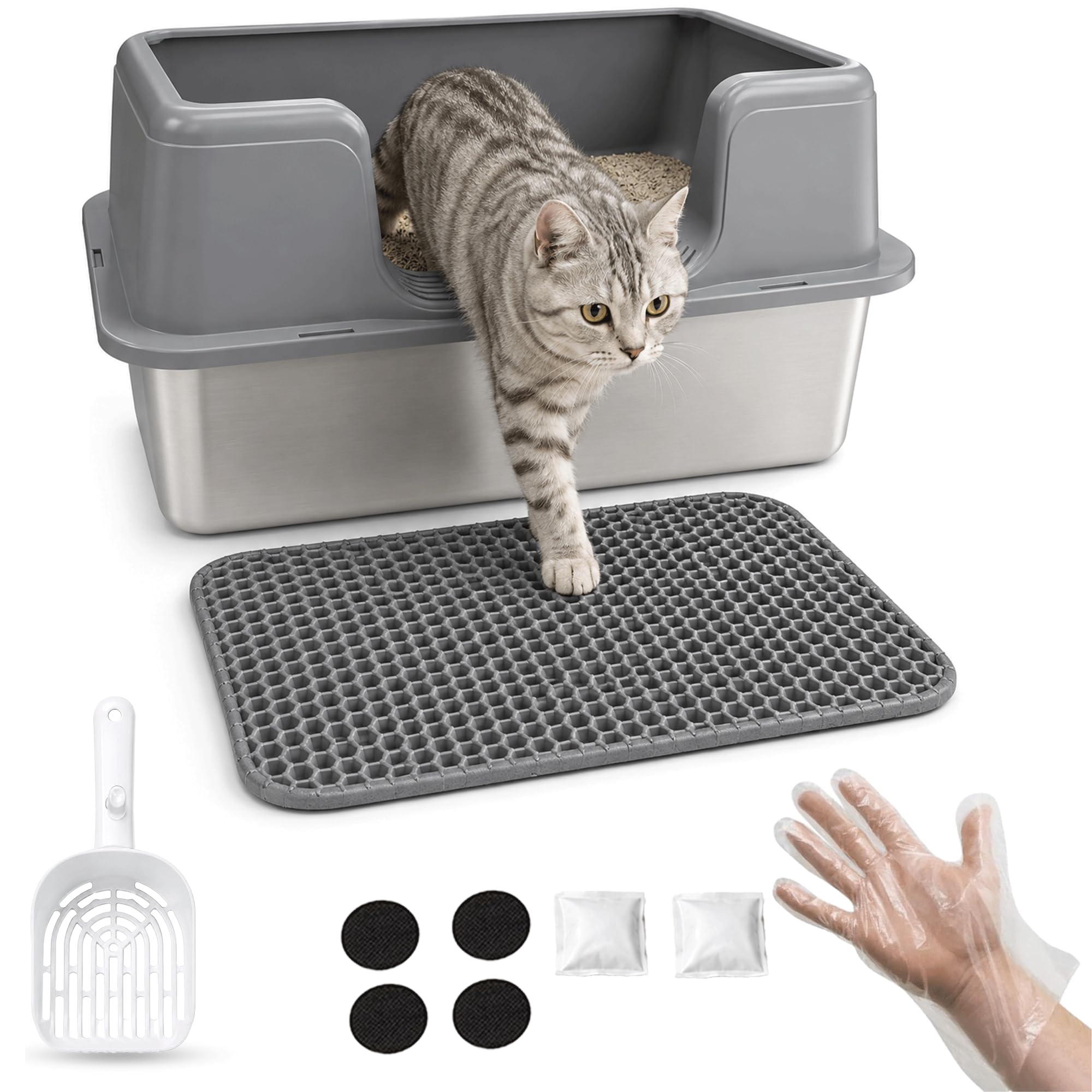 Stainless Steel Cat Litter Tray, XL Metal Cat Litter Tray with High Sides, Easy to Clean, Anti-Leak & Odor Resistant Cat Toilet, Includes Scoop, Litter Mat, Charcoal Filter & 2 Pairs of Gloves