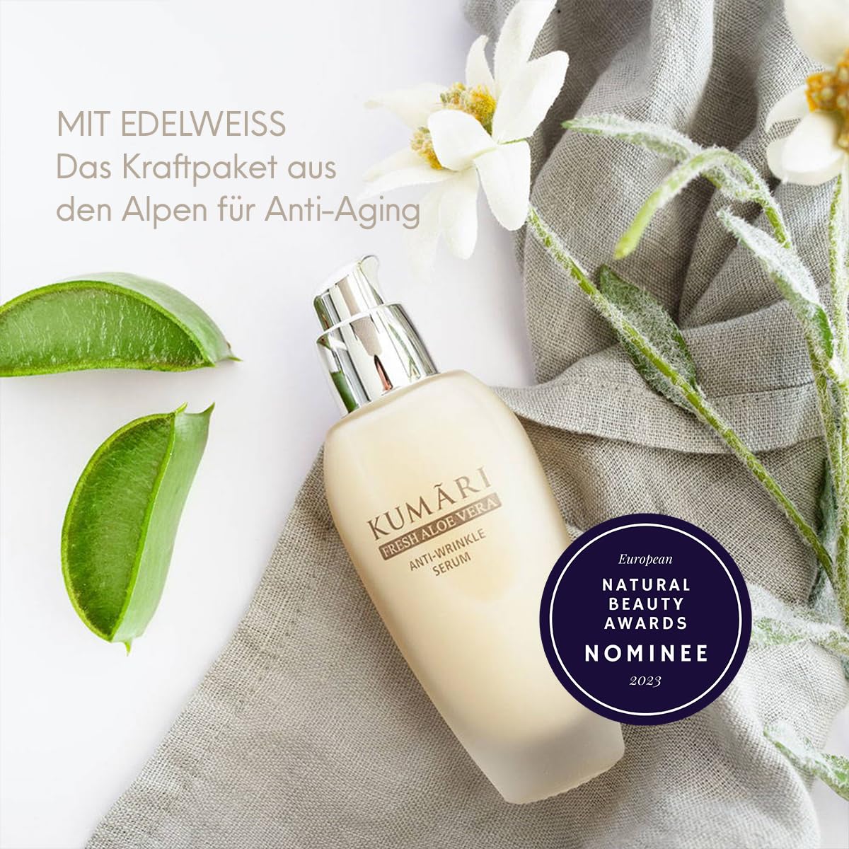 KUMARI Anti-Falten Serum 30 ml mit Aloe Vera + Edelweiß & Gatuline strafft die Haut & glättet Fältchen – Anti-Aging Gesichtsserum mit 85% unverdünntem BIO Aloe Vera Pflanzensaft (30ml)