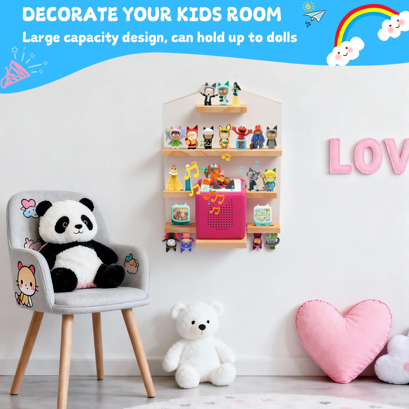 Gieanoo House Magnetic Shelf for Tonies Soild Pine Wood Wall Floating Shelves for Toniebox Starter Display Shelves Compatible with Tonie Box Player and Tonie Figures(White) - Image 4