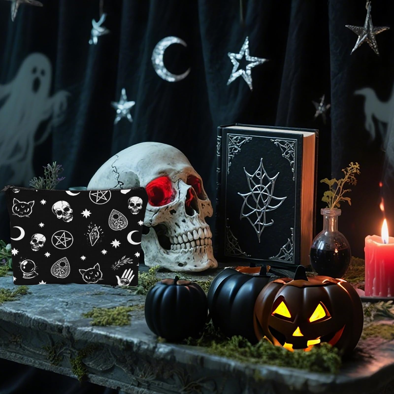 Gothic Skull Cat Moon Makeup Bag, Halloween Spooky Gifts for Women & Girl, Goth Skeleton Large Capacity Portable Toiletries - Image 4